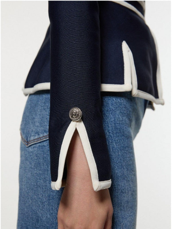 Long Sleeves Buttoned Contrast Color Split-Side Zipper Round-Neck Outerwear