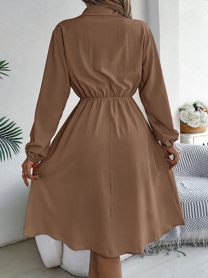 A-line Long Sleeves Buttoned Pleated Solid Color Tied Lapel Midi Dresses Shirt Dress