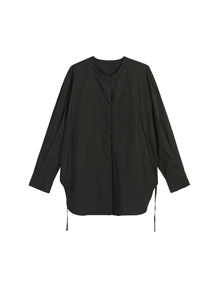 Long Sleeves Loose Buttoned Solid Color Tied Round-Neck Blouses&Shirts Tops