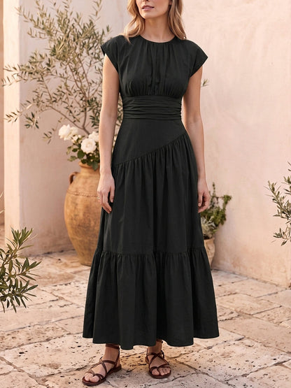 A-Line High Waisted Pleated Solid Color Split-Joint Round-Neck Maxi Dresses