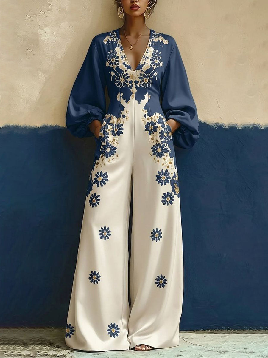 Pockets Flower Print Elasticity Contrast Color Wide Leg Long Sleeves V-neck Jumpsuits
