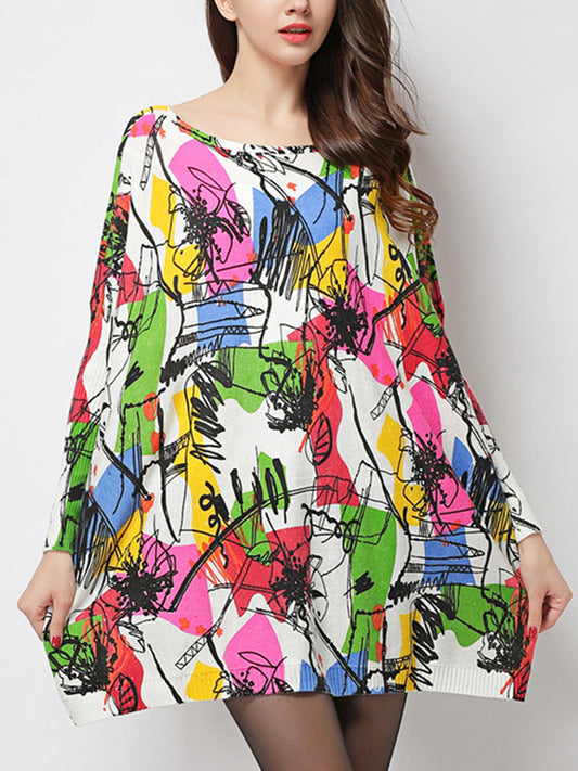 Long Sleeves Loose Printed Split-Joint Round-Neck Sweater Tops