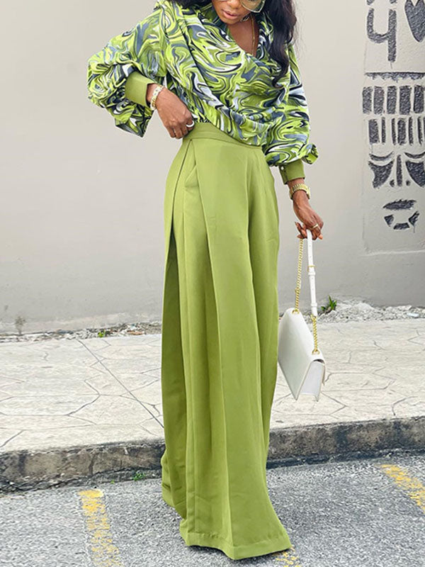 Long Sleeves Printed Heaps Collar Shirts Top + High Waisted Pants Bottom Two Pieces Set