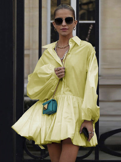 Puff Sleeves Buttoned Solid Color Split-Joint Lapel Mini Dresses Shirt Dress