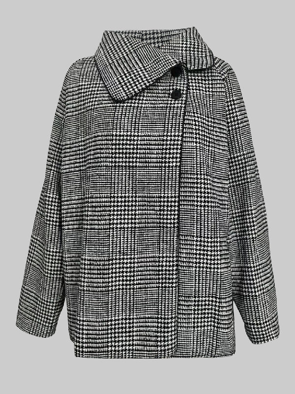 Long Sleeves Loose Asymmetric Houndstooth Plaid Stand Collar Jackets Outerwear