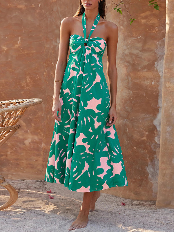 A-Line Loose Hollow Printed Split-Joint Halter-Neck Midi Dresses