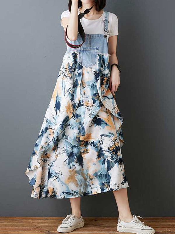 Loose Plus Size Flower Print Pockets Split-Joint Spaghetti-Neck Maxi Dresses Suspender Dress