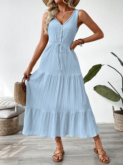 A-Line High Waisted Buttoned Pleated Solid Color Tied Waist V-Neck Maxi Dresses