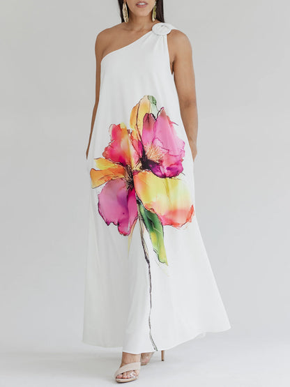 A-Line Loose Buckle Contrast Color Flower Print Pockets One-Shoulder Maxi Dresses