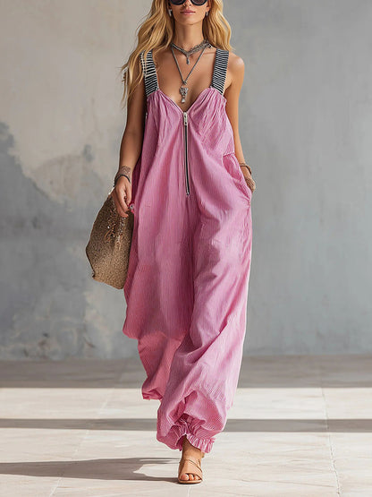 Loose Sleeveless Adjustable Elasticity Pleated Pockets Split-Joint Striped Zipper Deep V-Neck Jumpsuits