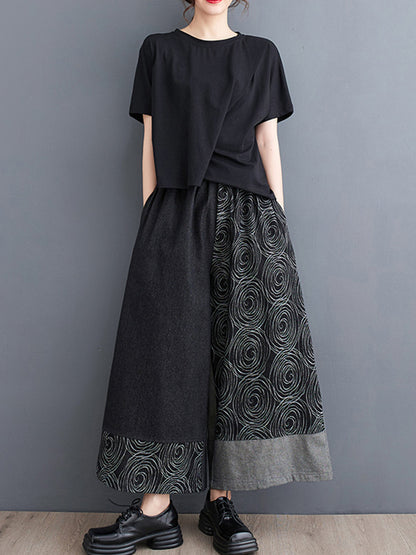 High Waisted Loose Asymmetric Elasticity Printed Split-Joint Jean Pants Bottoms
