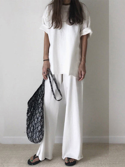 Loose Fringed Solid Color Split-Side Round-Neck T-Shirt+ Pants Two Pieces Set