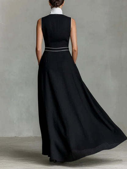 A-Line High Waisted Buttoned Contrast Color Pockets Split-Joint Lapel Maxi Dresses