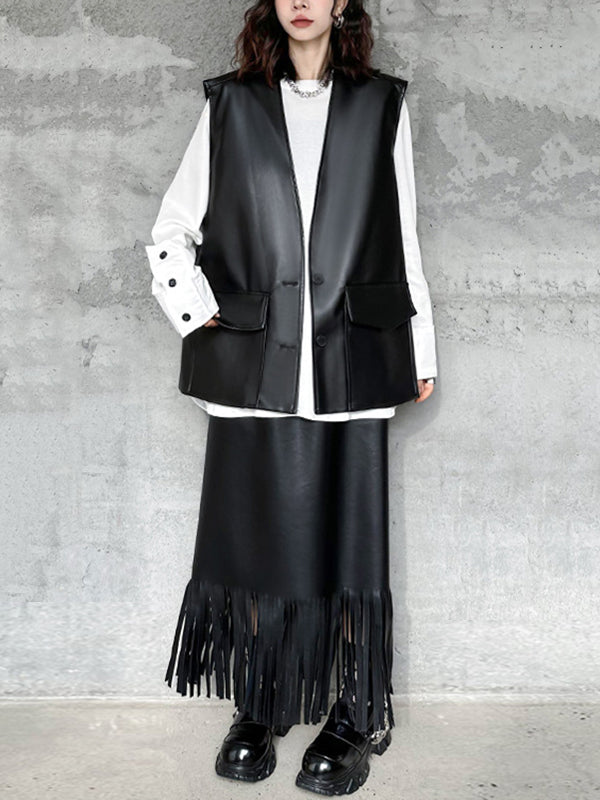 Loose Solid Color V-Neck Sleeveless Buttoned Pockets Vest Top + High Waisted Elasticity Tasseled Skirt Bottom Two Pieces Set