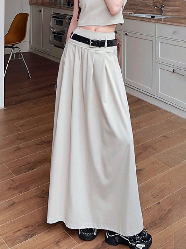 A-Line High Waisted Belted Pleated Solid Color Skirts Bottoms