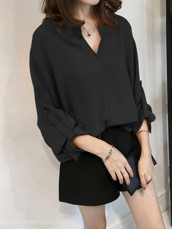 Casual Long Sleeves Loose Solid Color V-Neck Blouses&Shirts Tops