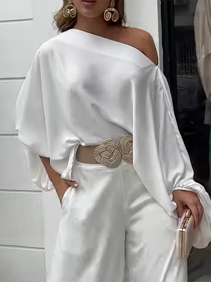 Loose Solid Color Cap Sleeve Off-The-Shoulder Blouses & Pants Two Pieces Set