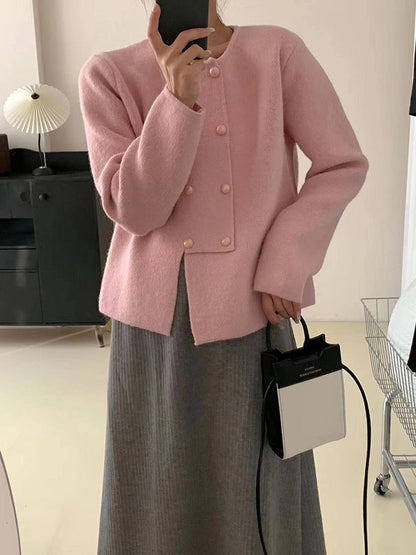 Long Sleeves Loose Asymmetric Buttoned Solid Color Split-Front Round-Neck Cardigan Tops