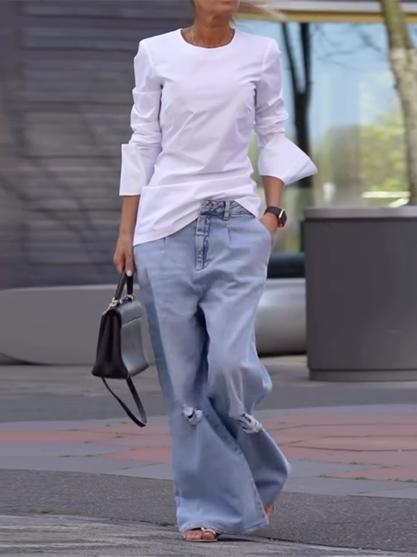 Long Sleeves Loose Solid Color Round-Neck T-Shirts Tops