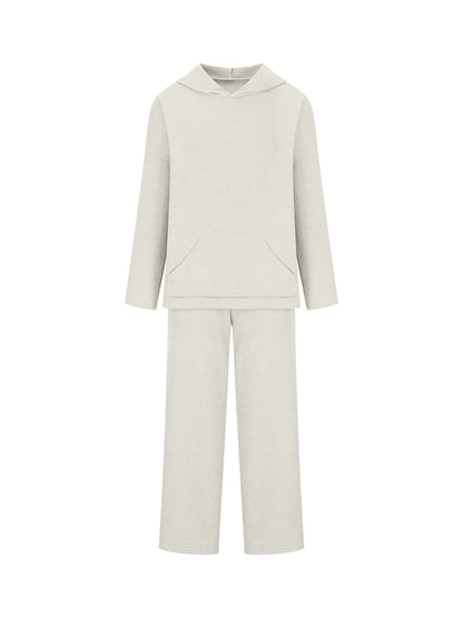 Loose Solid Color Round-Neck Hooded Long Sleeves Sweater Top + Drawstring Pants Bottom Two Pieces Set