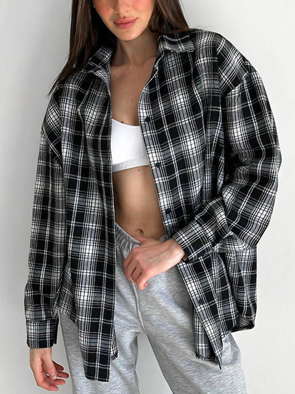 Long Sleeves Loose Plaid Split-Joint Lapel Blouses