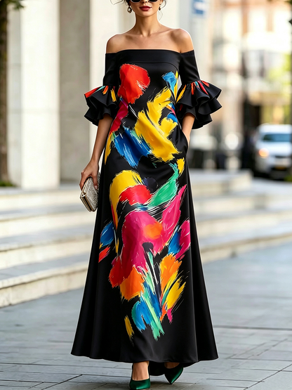 Zipper Printed Pockets Elasticity Contrast Color Ruffle Sleeves Half Sleeves Off-the-shoulder Maxi Dresses