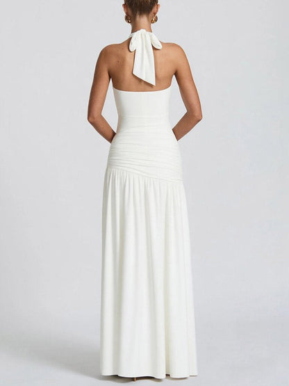 Back Stretch Equipment Bodycon Buckle Pleated Solid Color Split-Joint Split-Side Halter-Neck Maxi Dresses