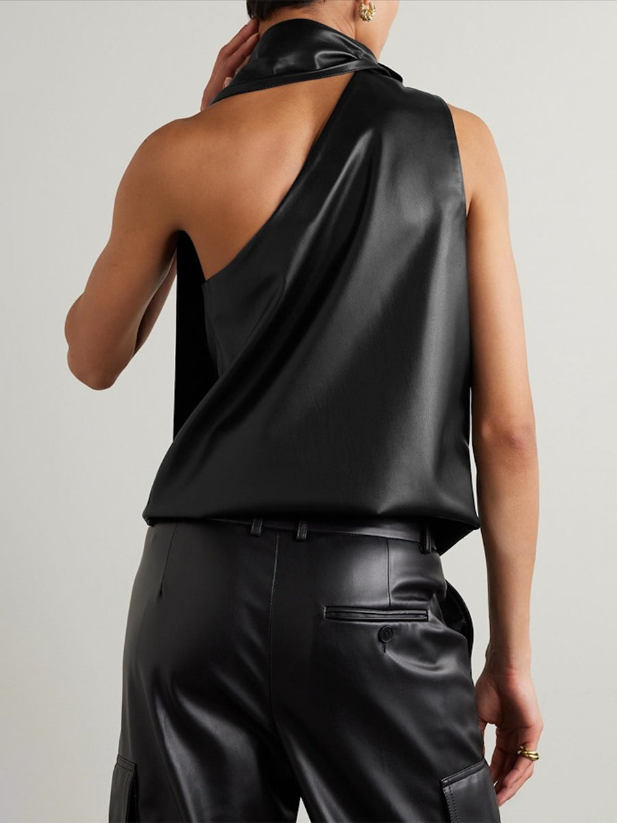 Sleeveless Asymmetric Solid Color High Neck Vest Top