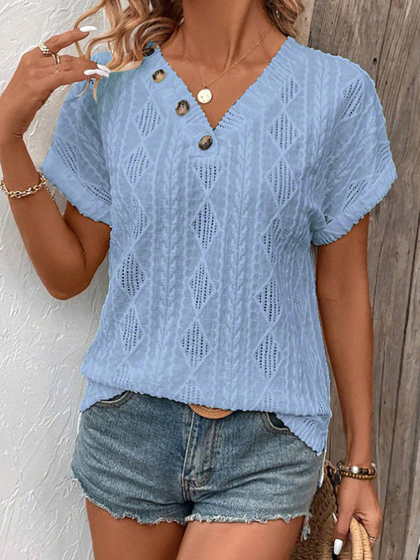 Loose Short Sleeves Buttoned Solid Color V-Neck T-Shirts Tops