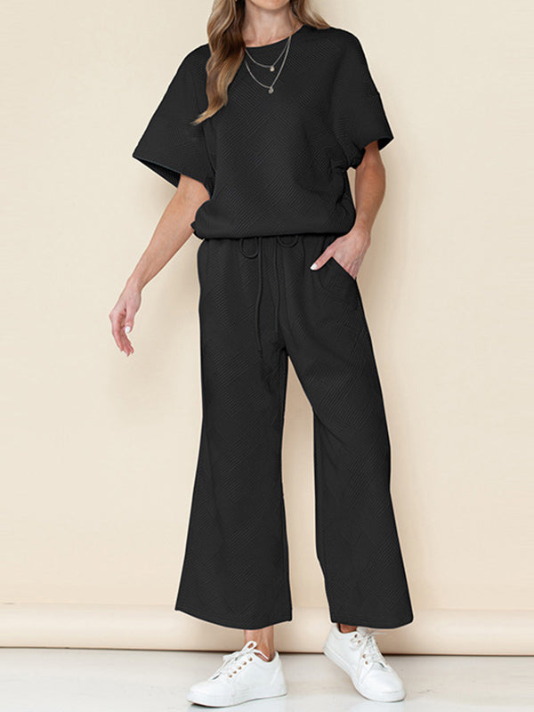 Loose Short Sleeves Solid Color Round-Neck T-Shirt Top + Drawstring Elasticity Pockets Pants Botttom Two Pieces Set
