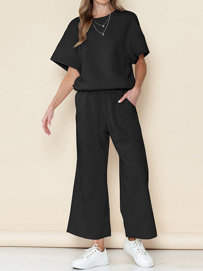 Loose Short Sleeves Solid Color Round-Neck T-Shirt Top + Drawstring Elasticity Pockets Pants Botttom Two Pieces Set