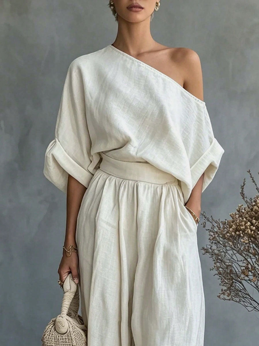 Half Sleeves Loose Solid Color One-Shoulder Blouses&Shirts Tops