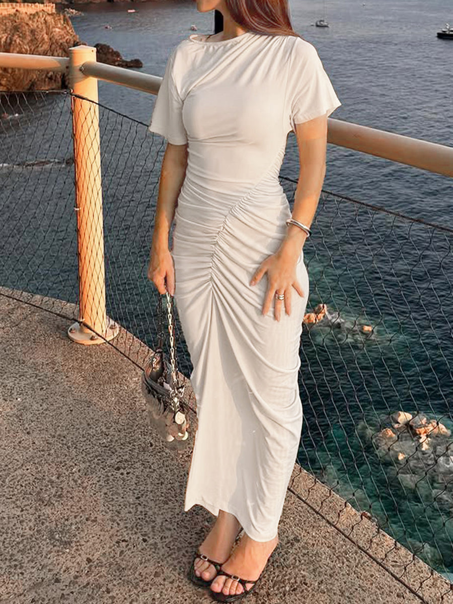 Solid Color Pleated Skinny High Waisted Midi Dresses