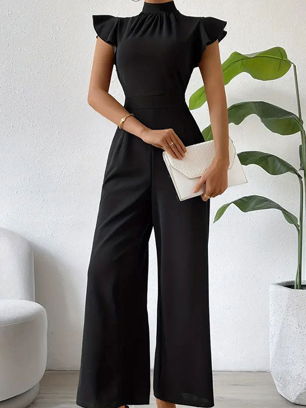 High Waisted Loose Pleated Ruffled Solid Color Mock Neck Jumpsuits