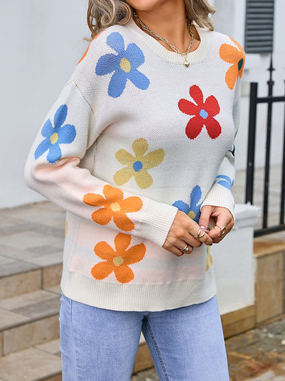 Long Sleeves Loose Knitted Flower Split-Joint Round-Neck Pullovers Sweater Tops