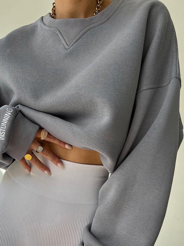 Long Sleeves Loose Letter Print Split-Joint Round-Neck Sweatershirt