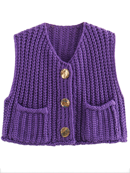 Sleeveless Buttoned Pockets Solid Color Cardigan Tops Knit Top