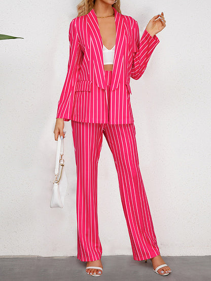 Long Sleeves Striped Lapel Blazer Top + Wide Leg Pants Bottom Two Pieces Set