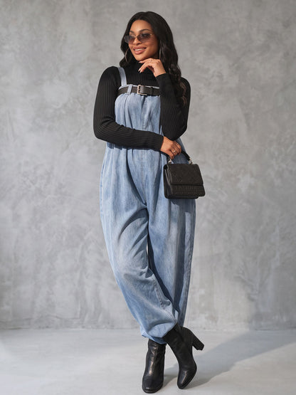Solid Color Elasticity Belted Wide Leg Sleeveless Spaghetti-Neck Overalls