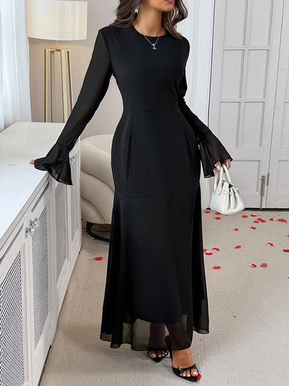 Elasticated Waist Flared Sleeves See-Through Solid Color Split-Joint Round-Neck Maxi Dresses