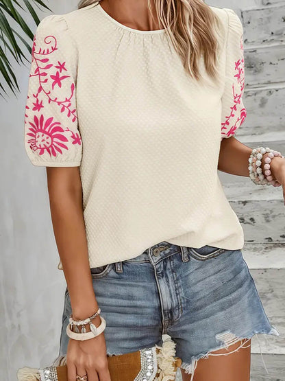 Loose Short Sleeves Bow-Embellished Contrast Color Split-Joint Round-Neck Blouses&Shirts Tops