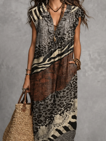 Loose Sleeveless Pockets Printed Ruffled V-Neck Maxi Dresses