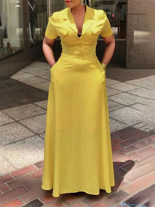 A-Line Loose Buttoned Pockets Solid Color Deep V-Neck Maxi Dresses