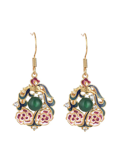 Women Chinese Style Enamel Flower Jade Silver Earrings