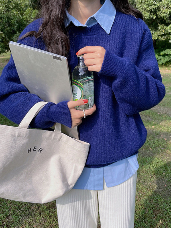 Long Sleeves Loose Solid Color Round-Neck Pullovers Sweater Tops