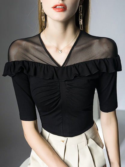 Half Sleeves Skinny Pleated Ruffle Trim Solid Color Split-Joint V-Neck T-Shirts Tops