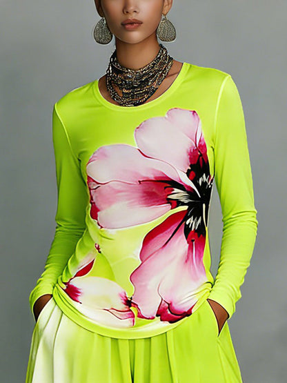 Long Sleeves Contrast Color Flower Print Split-Joint Round-Neck T-Shirts Tops