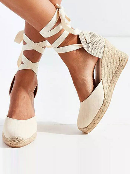 Buckle Split-Joint Square-Toe Lace-Up Ankle Wrap Espadrille Wedge Sandals