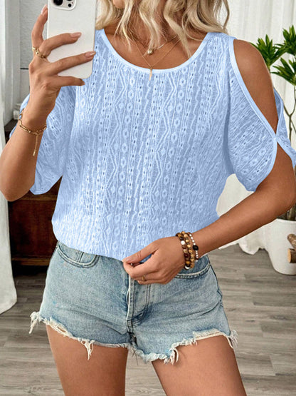 Loose Short Sleeves Solid Color Split-Joint Textured Cold Shoulder Blouses&Shirts Tops