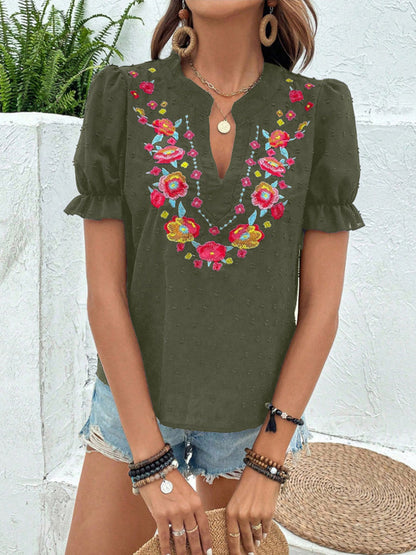 Loose Puff Sleeves Flower-Embellished Contrast Color Jacquard Pleated Ruffled Split-Joint V-Neck Blouses&Shirts Tops